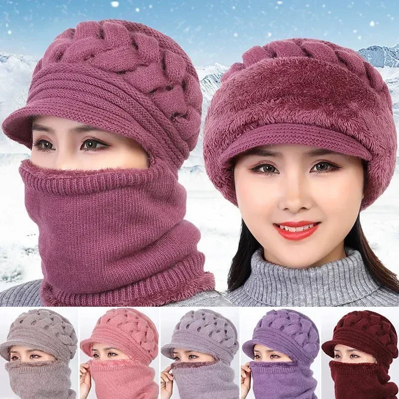 Winter Knitted Hat Thicken Warm Neck Warmer Set For Mother Windproof Coldproof Ear Protection Hat Fleece Lining Balaclava Cap