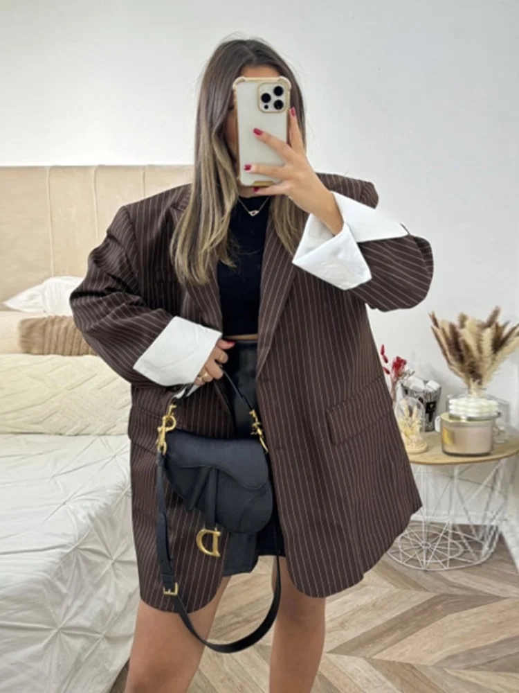 Chic Y2K Stripe Blazer Jacket For Women 2025 Autumn Winter Long Sleeve Coats Female Casual Single Br