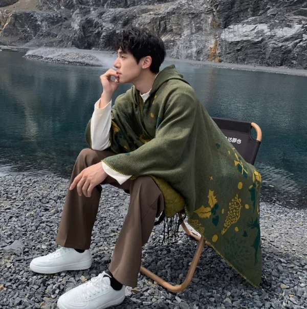 Men's Style Poncho Autumn Camping Travel Wear Men Ethnic Style Cloak Scarf Overcoat with Hooded Sand Duffle Warm Cape P1