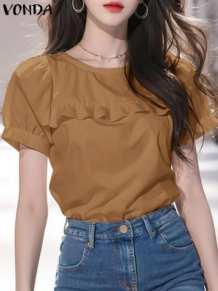 VONDA Women Fashion Blouse Short Sleeve Solid Color Ruffled Shirts 2024 Summer Casual Loose O Neck Elegant Office Blusas Femme