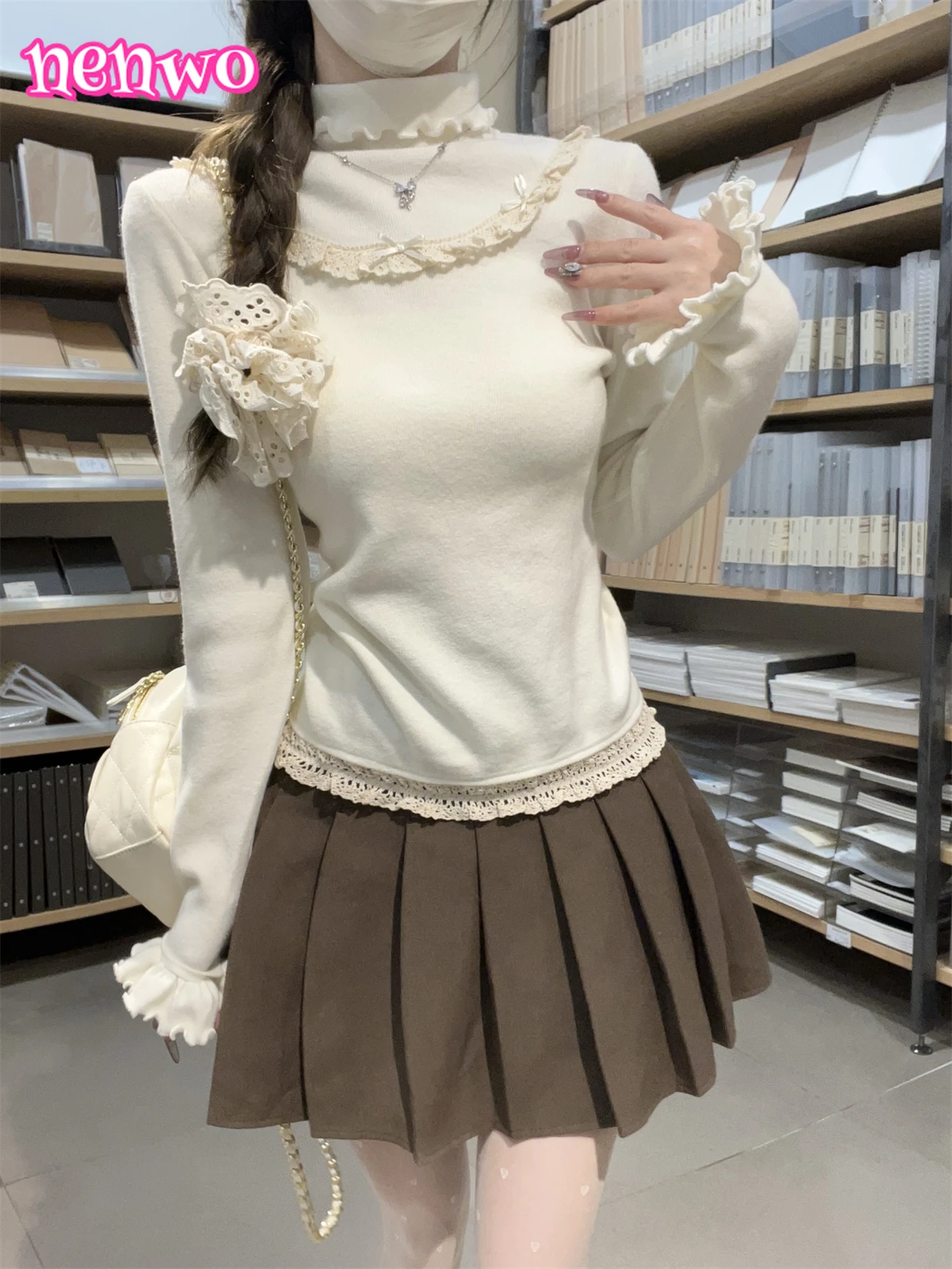 

Gentle Korean Soft Lolita Autumn Half-High Neck Lace Patchwork Ruffled Knitted Base Top Women Long Sleeve Warm Sweater