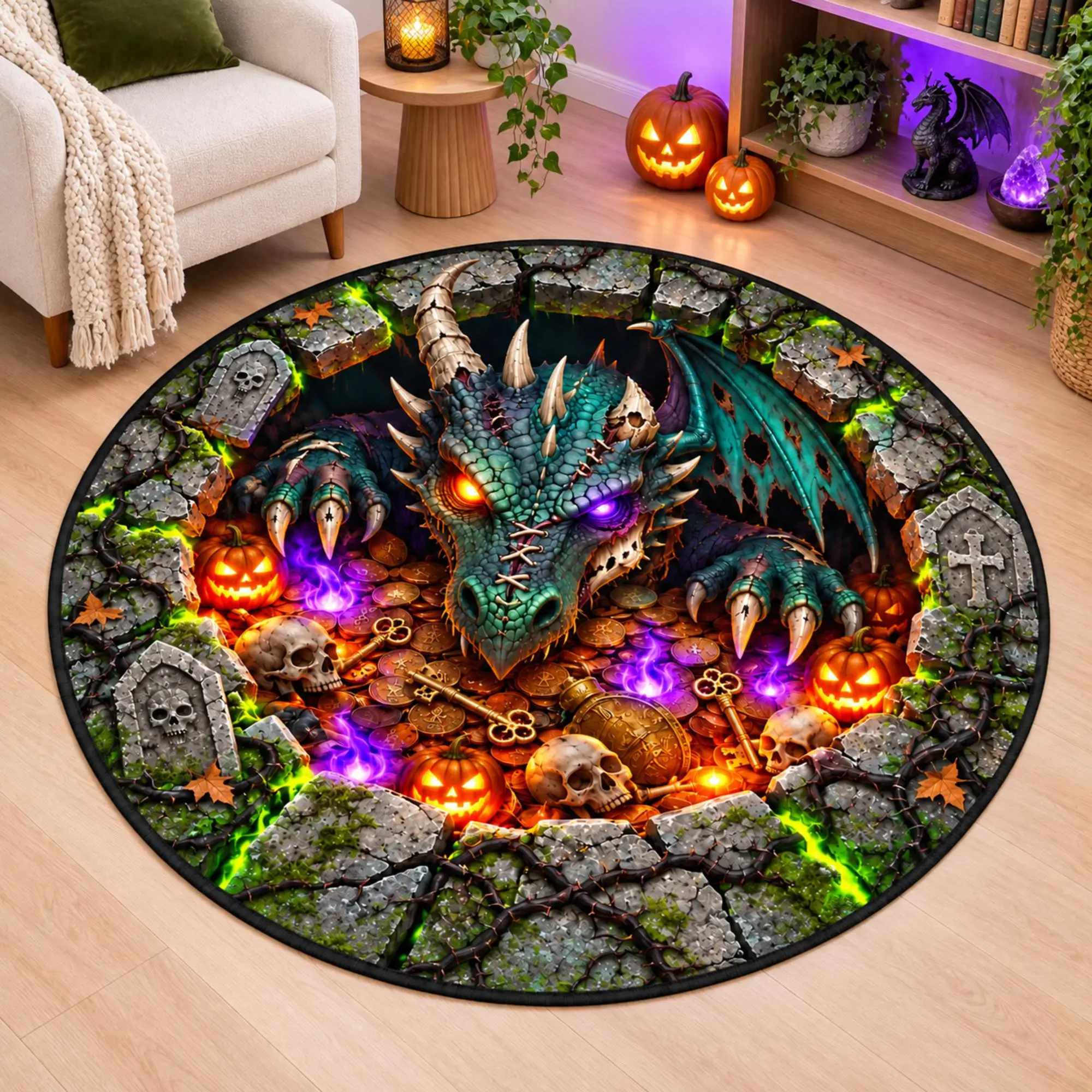 Fantasy Dragon Treasure Cave Circular Mat 3D Gothic Skull Pumpkin Pattern Area Rug Mythical Monster Floor Carpet non slip rug