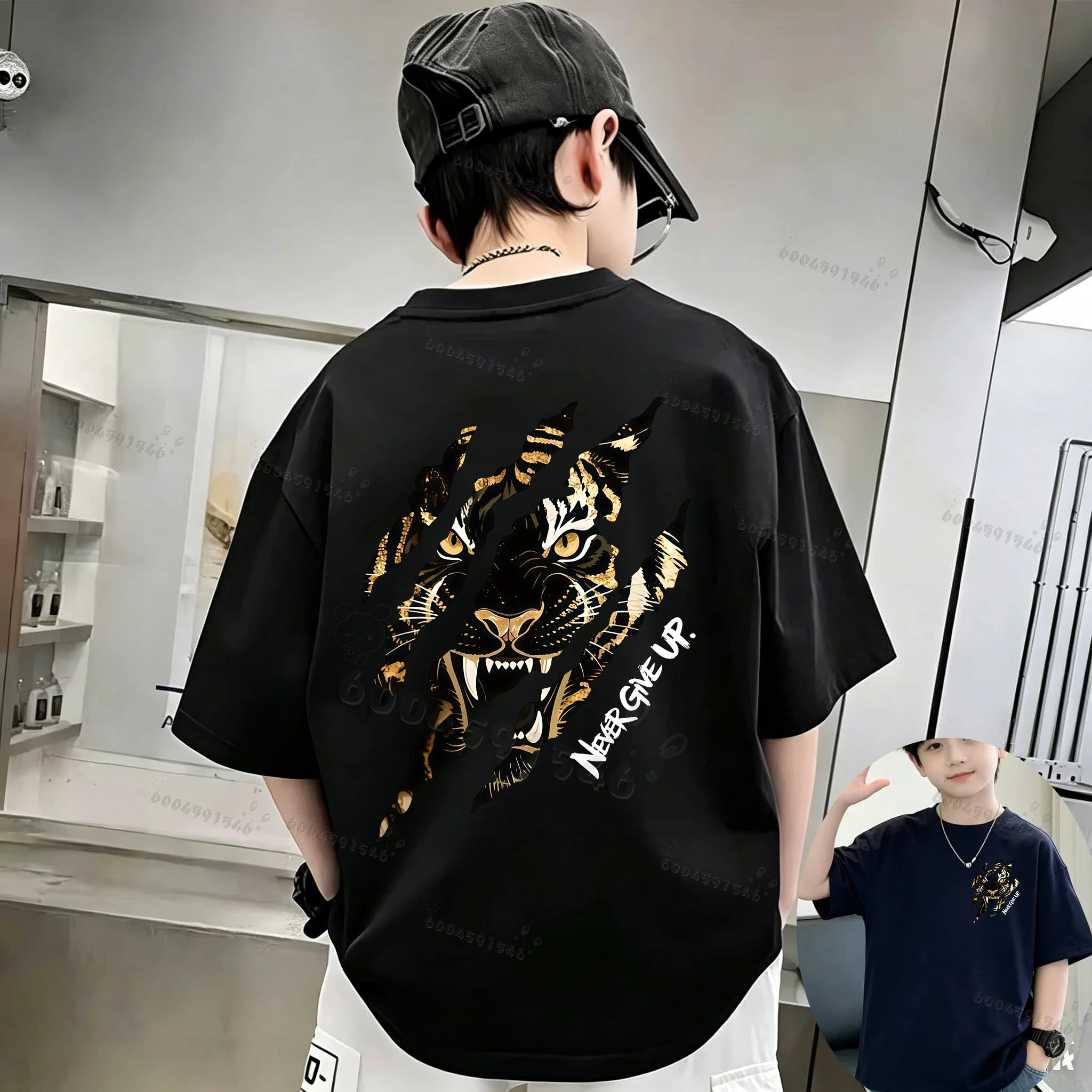 Summer Men's Round-neck Cotton T-shirt with Trendy Cartoon Tiger Pattern Print - Children's Top for Fashion Family Wear