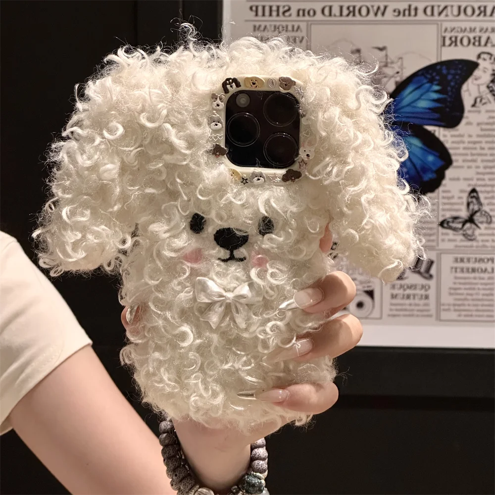 INS Cute Cartoon White Puppy Lens Sticker Furry Phone Case For iPhone 16 15 14 13 Pro Max Curly Plush Dog Lovely Soft Back Cover