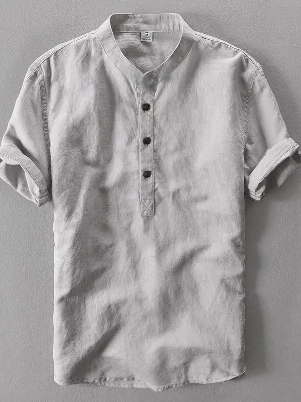 Summer Thin Cotton Linen Loose Short Sleeve T-Shirt Men's Retro Collar Casual Half Sleeve Body Shirt Trendy Streetwear