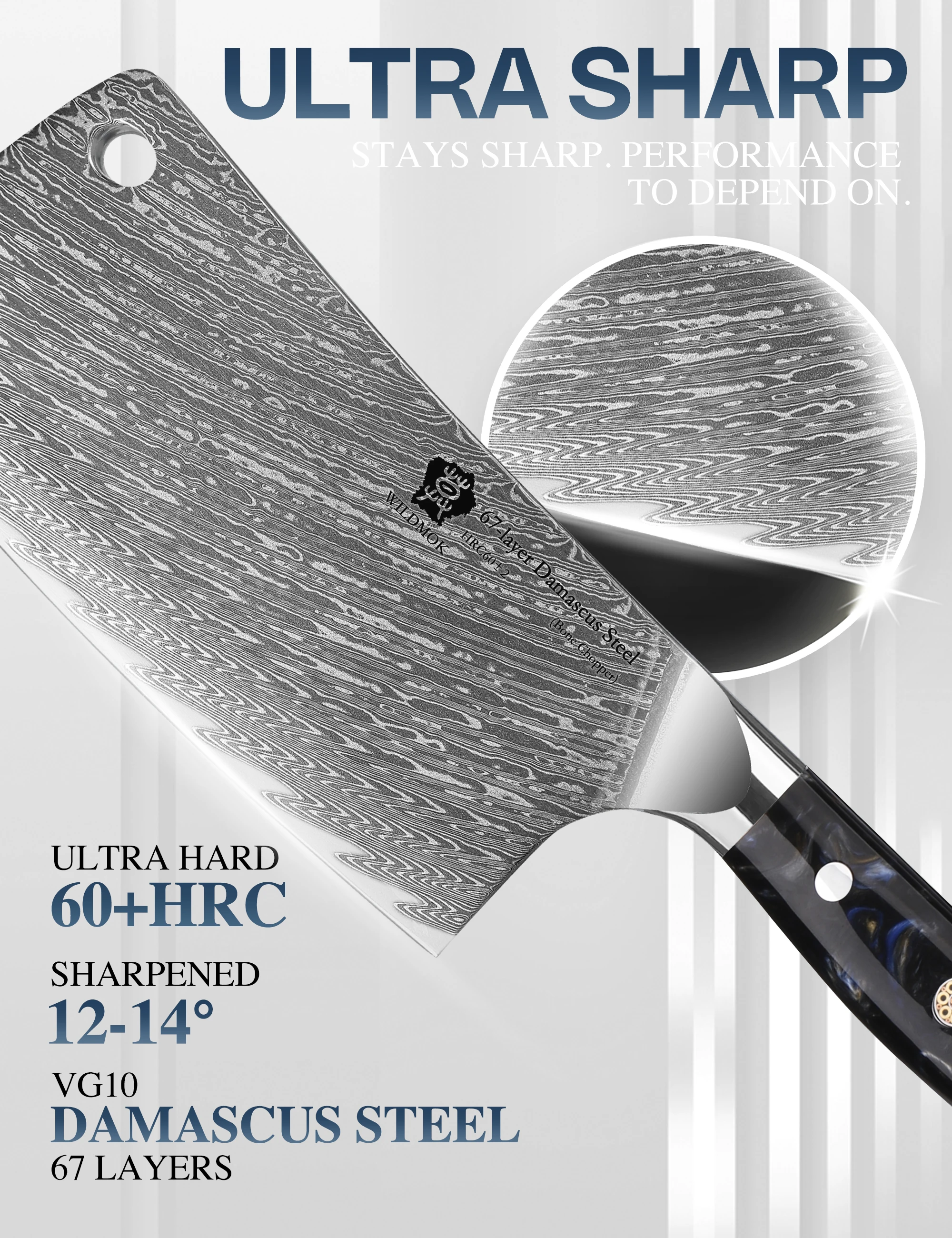 WILDMOK Handforged Damascus Bone Chopping Knife, Thickened Heavy Blade,High Hardness Anti-Corrosion Kitchen Cutlery-Resin Handle