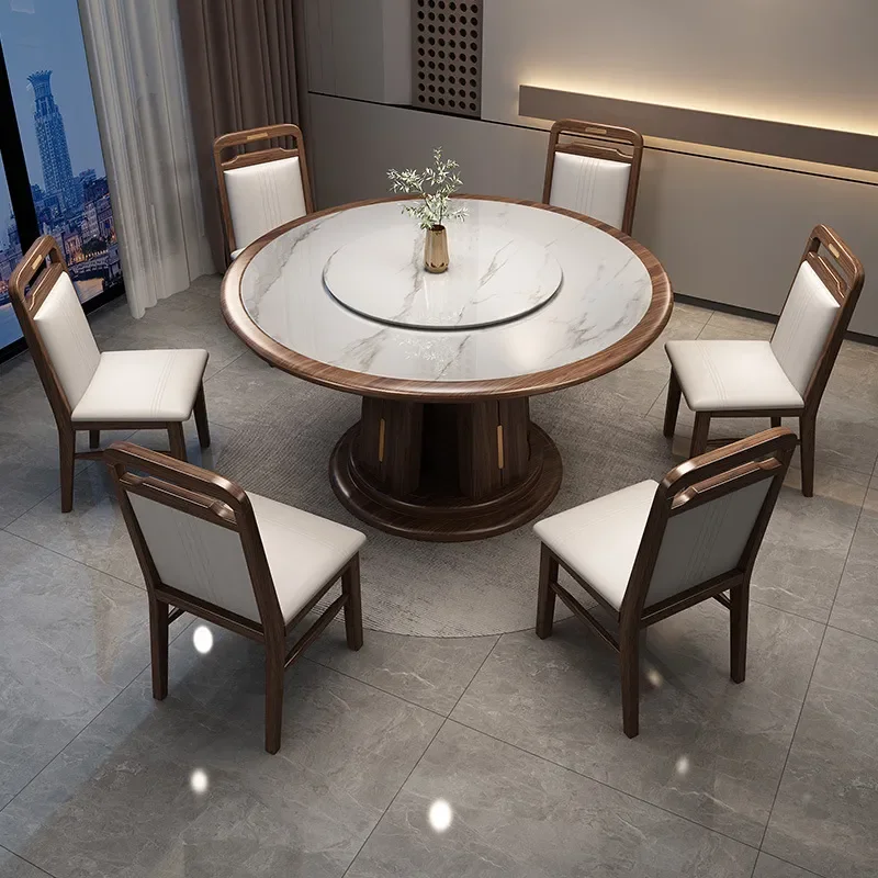 for Ebony Solid Wood Round Dining Table with Turntable for Pandora Rock Slab Top Large Household Hotel Restaurant Furniture