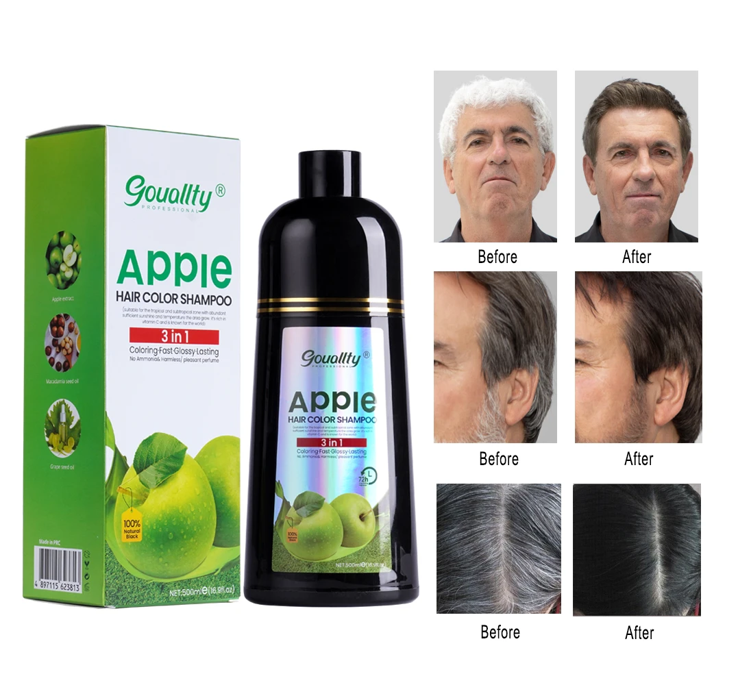 Gouallty Green Formula Black Hair Dye Shampoo Organic Easy Use 5 mins Fast Result Apple Hair Color For Cover Gray White Hair