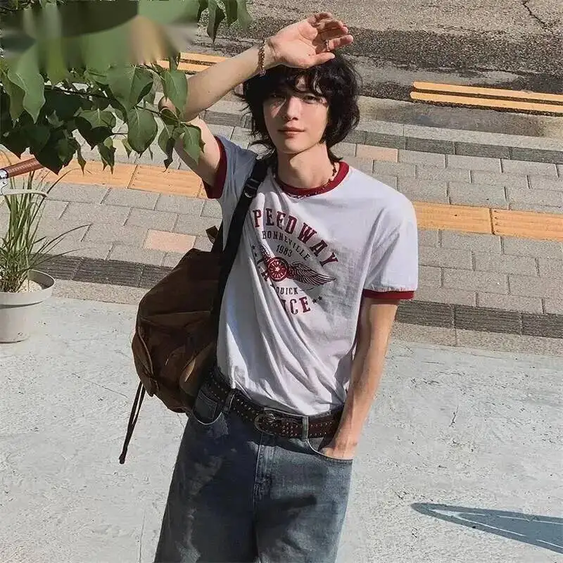Men's Vintage Letter Print T-Shirt White Red Trim Casual Loose Colorblock Short Sleeve Summer Pullover Top 9XSJH2