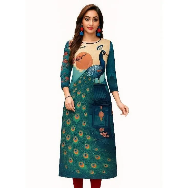 Muslim Dress Kurt Fashionable Elegant National Style Straight Tube Casual Slit Hem Elephant Peacock Pattern Women Dress Abaya