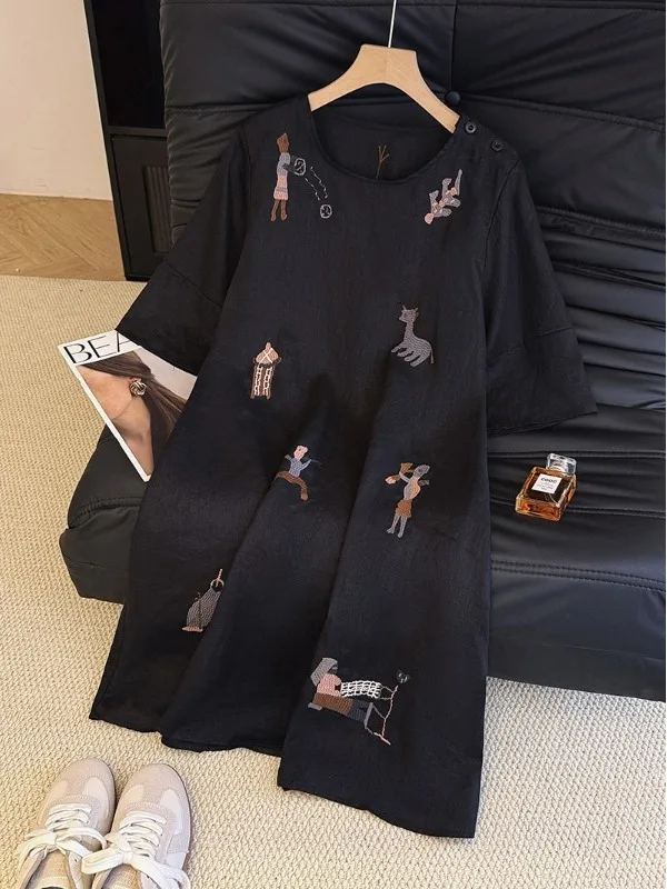 Rétro brodé ort Sve Dr T-shirt ample Sle Summer Faion artistique grande taille femme Dr mi-longue A-Line S...