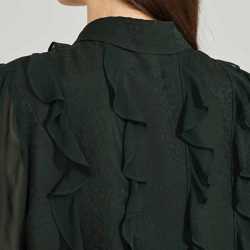 (خصم حصري للمعجبين) VOA 100% بلوزات نسائية بياقة بولو من قماش الجاكار الأخضر الحريري 100% بلوزات جورجيت بأكمام طويلة قميص فضفاض BE1388