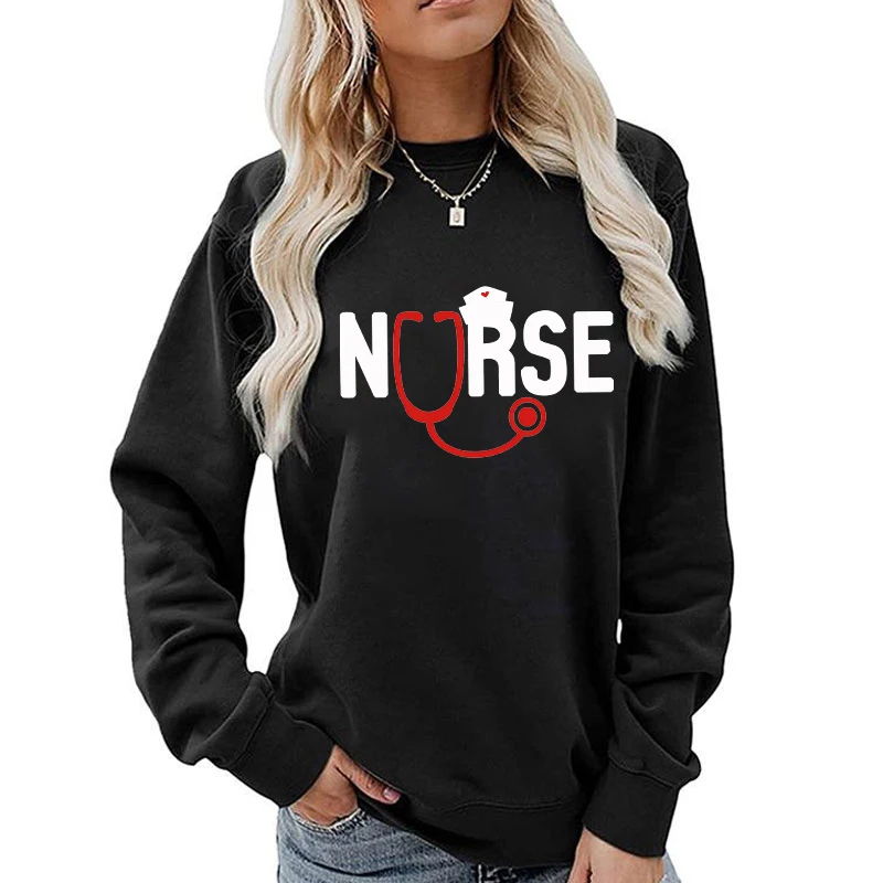 (A+Quality)Women Fashion Nurse Stethoscope Print Sweater For Women Plus Size Funny Long Sleeve Graphic Plus Size Sweatshirt