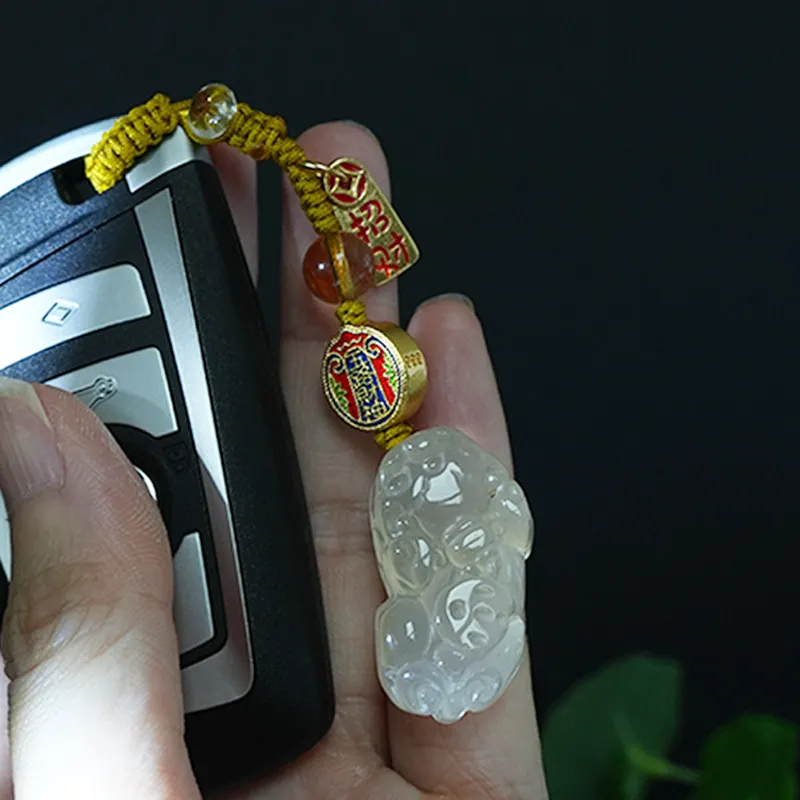 Feng Shui Wealth Pixiu Keychain Original Natural Jade Chalcedony Agate Good Luck Car Key Ring Phone Bag Charm For Women Men Gift