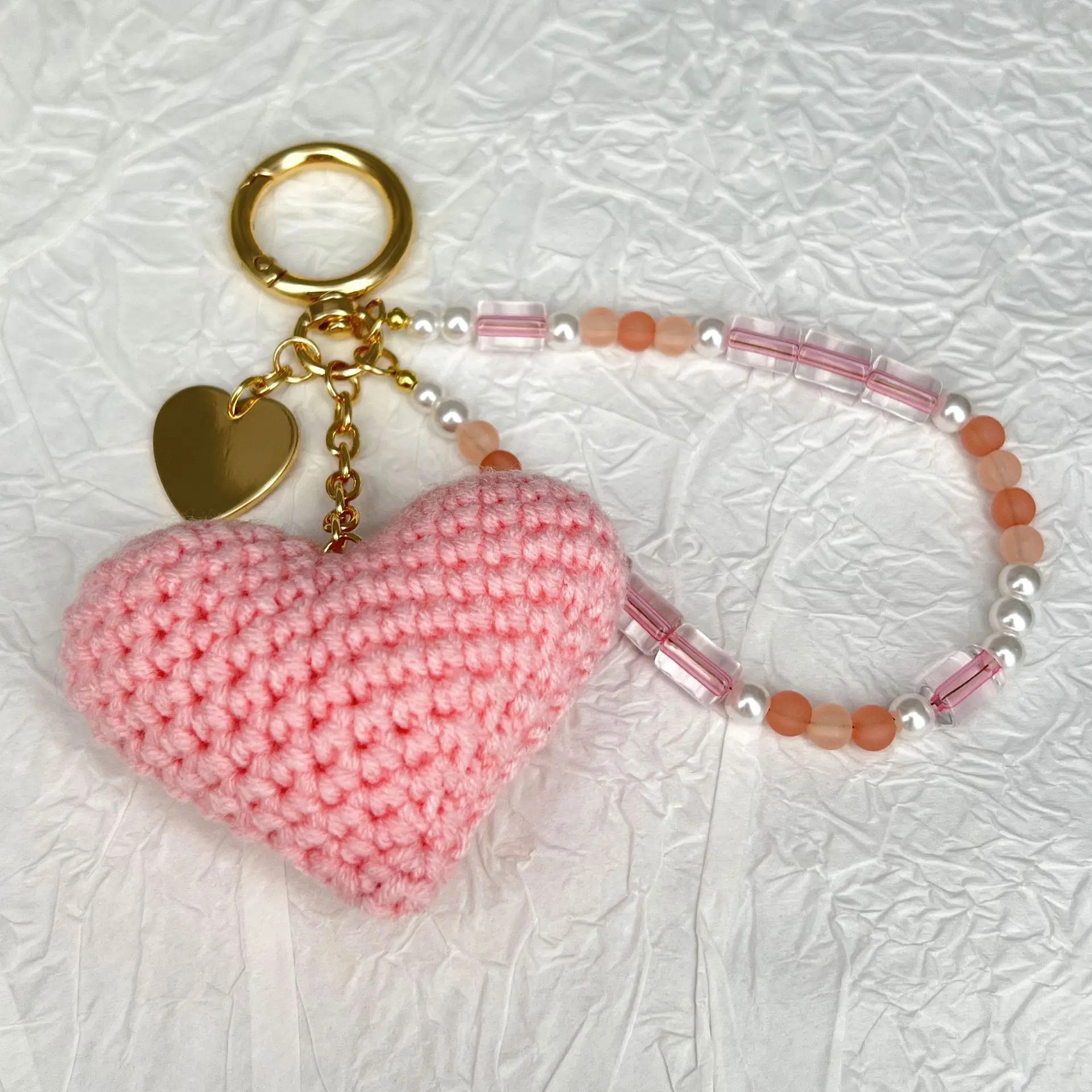 Coquette Pearl Keyring Crochet Heart Keychain Beaded Wristlet Lanyard Knitted Bag Charm Gold Pendant Purse Accessories Mini Set