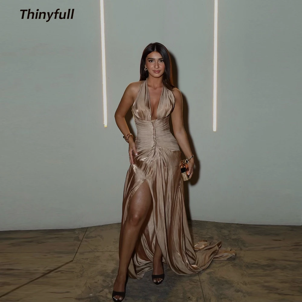 

Thinyfull 2025 Glitter Satin Long Evening Dresses Halter Sleeveless Prom Dress Saudi Araric Long Formal Occasion Gown Customized