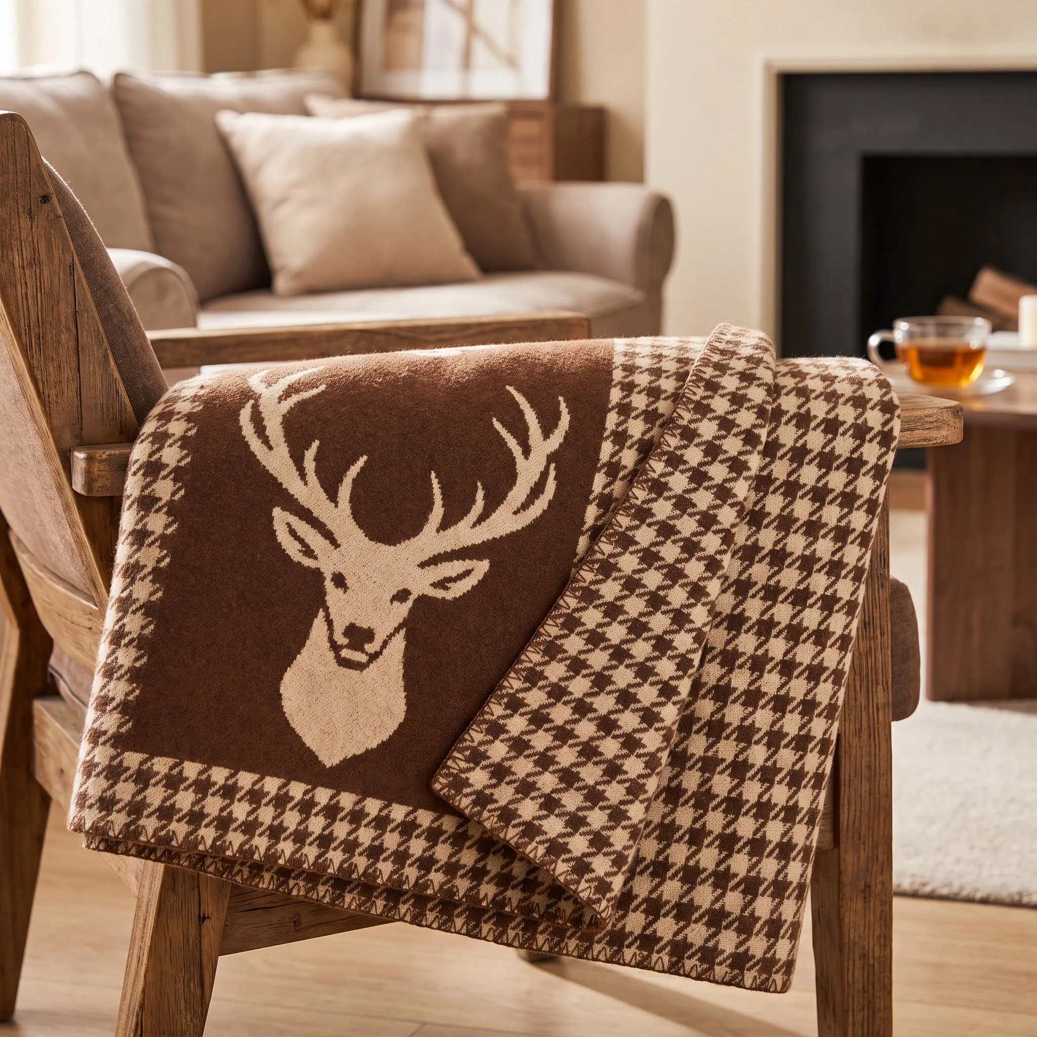 100% Lamb Wool Blanket Houndstooth Deer Head Double Sided Jacquard 140x190cm 800g Thick Throw Shawl Sofa Travel Home Warm