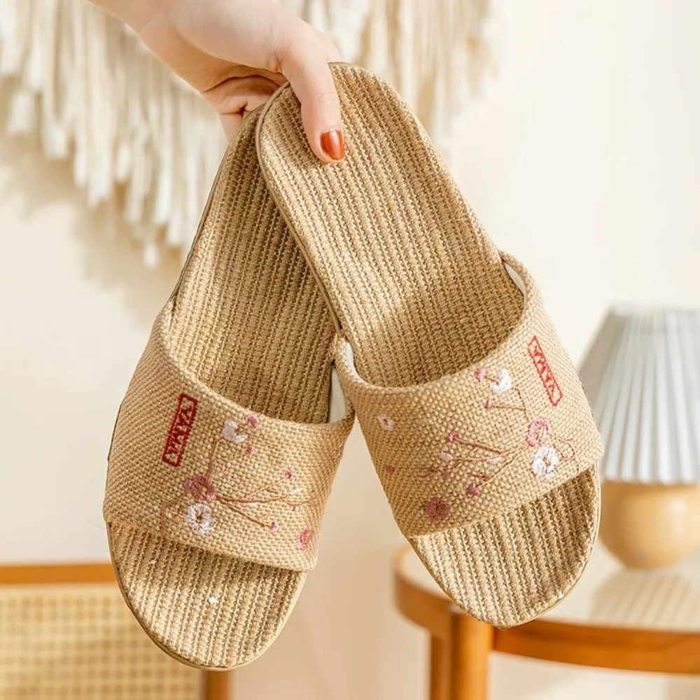 Cozy Embroidery Flower Bamboo Indoor Slippers Linen Non-Slip Plum Blossom Slippers Flax Sandals Women Men Slippers Home