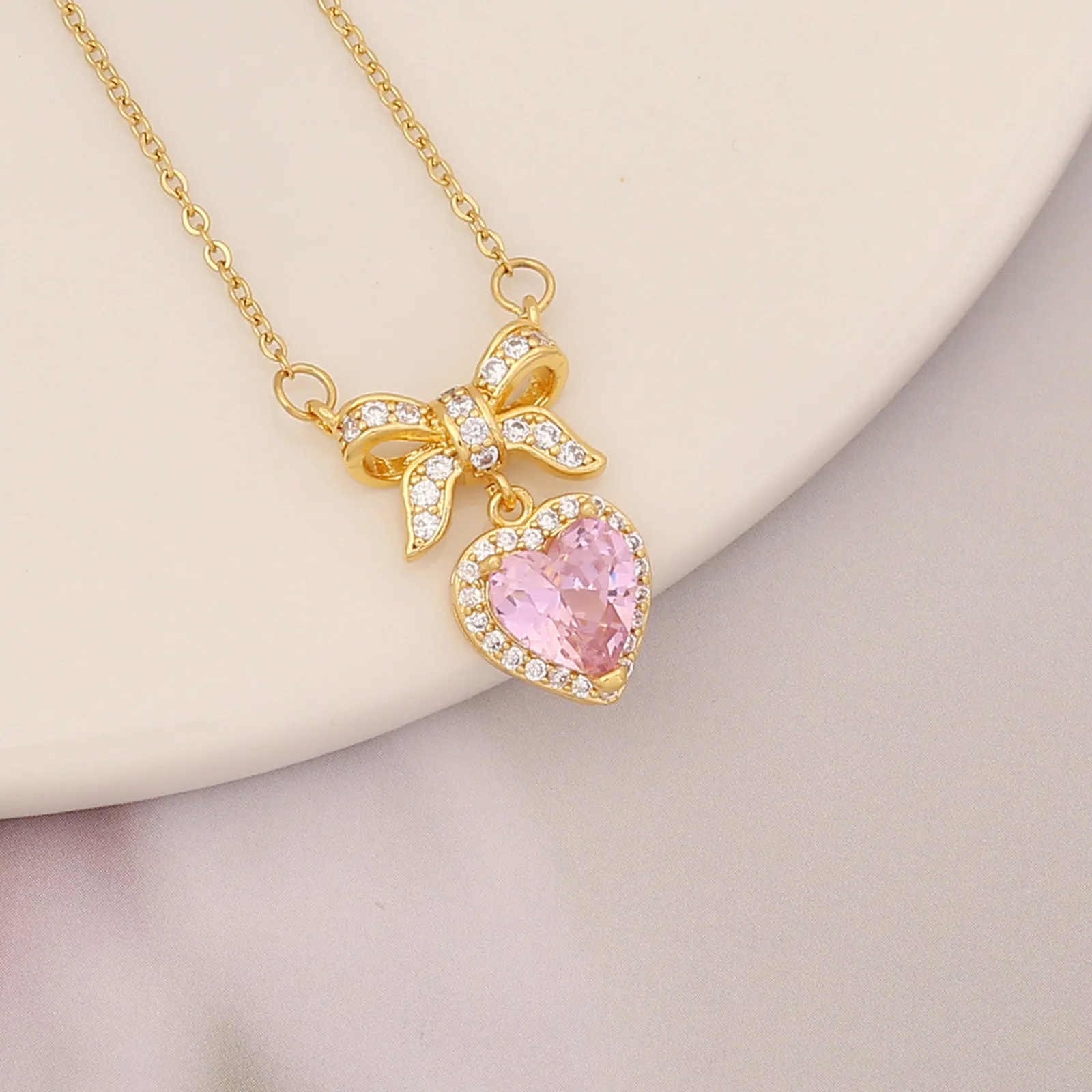 Fashion Copper Pendant Necklace Gold Color Heart Bowknot Sweet Pink Purple Cubic Zirconia Collar Women Jewelry Party 40cm long