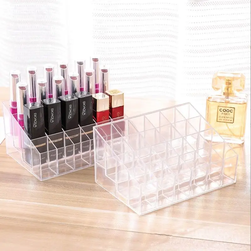 Suporte de exibição de batom transparente Maquiagem Lip Gloss Holder, cremalheira de armazenamento de cosméticos, ferramentas de maquiagem, 24 grades