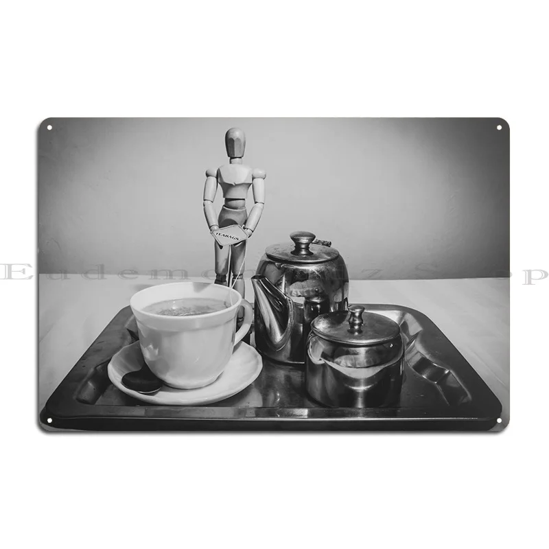 Manikin Having Tea Metal Plaque Poster Wall Mural Wall Plaque Garage Garage Designing Tin Sign Poster