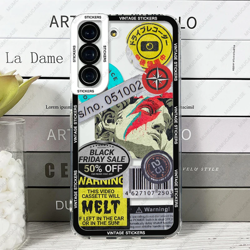 Case For Samsung Galaxy S25 S24 S20 S21 FE S22 S23 Ultra A13 A33 A50 A52 A53 A73 A54 A14 Soft Cover Old vintage stickers