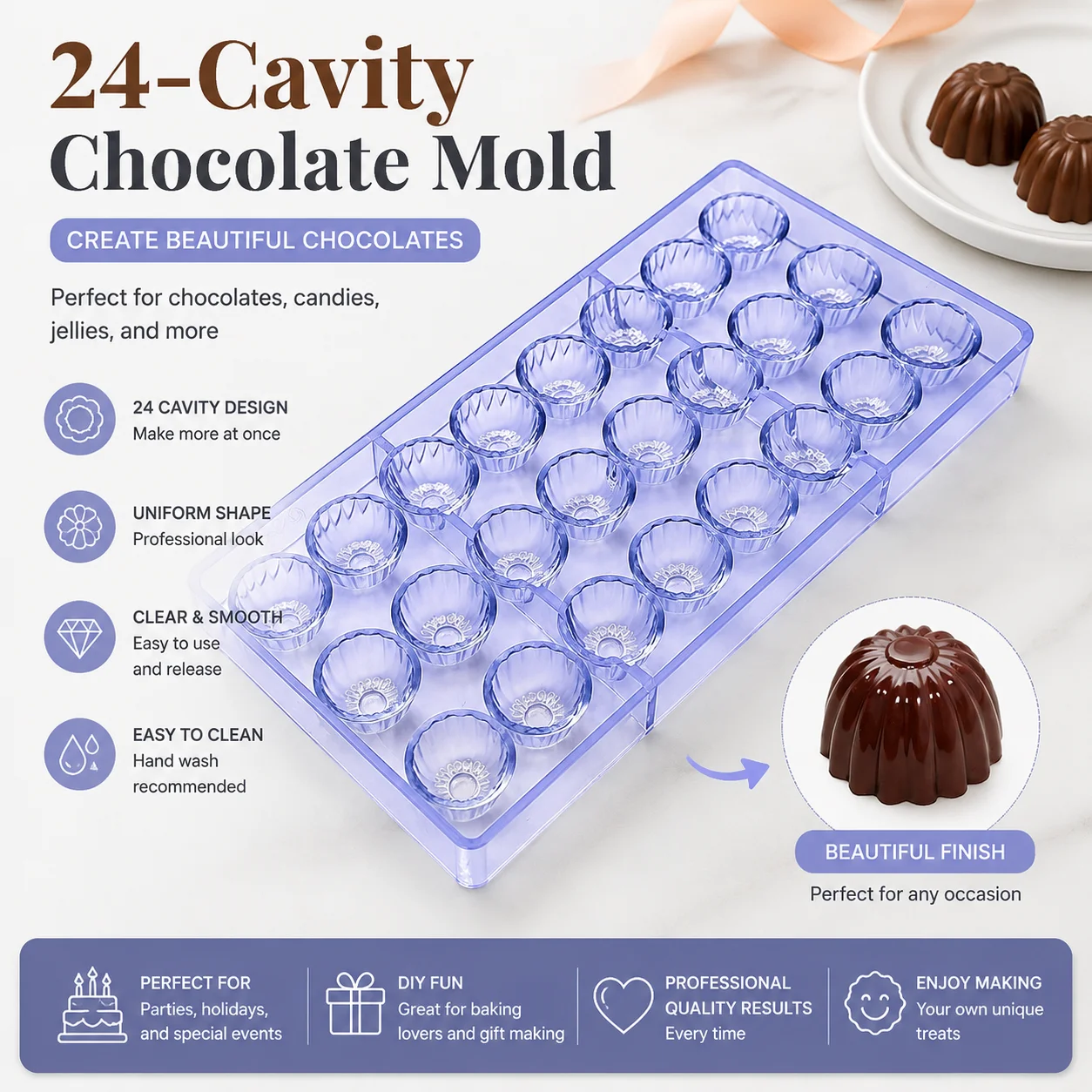 24‑Cavity Flower‑Cup Polycarbonate Chocolate Mold, Fluted Bonbon Candy Making Mold for Bakery Homemade DIY Confectionery Baking