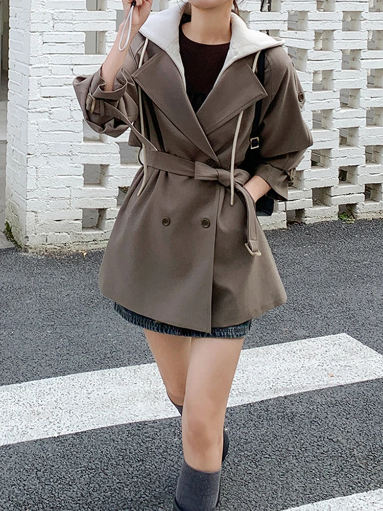 WHTREND الكورية نمط تصميم وهمية قطعتين مقنعين خندق معطف للنساء فضفاض منتصف طول سترة واقية سترة معطف WH1559 #5