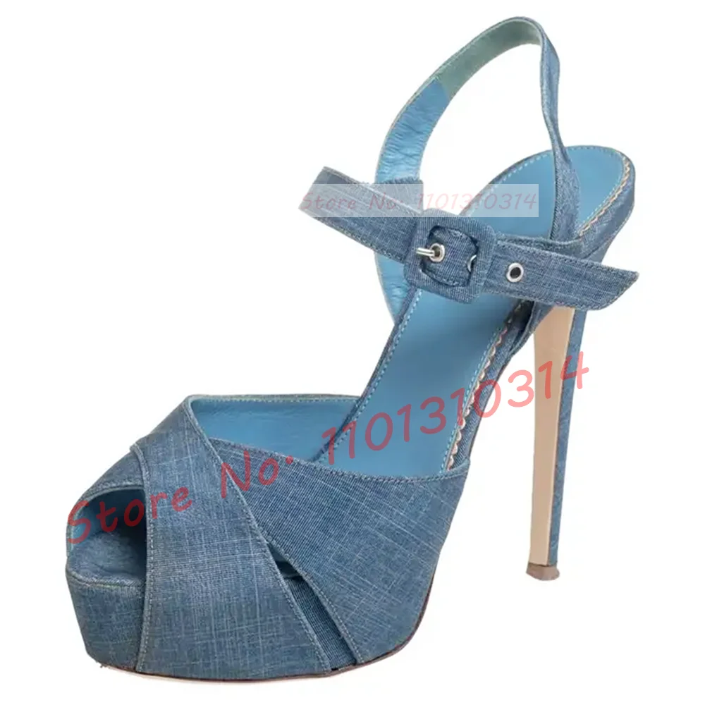 Covered Platform Diamond Sandals Women Glittery Cross Strap High Thin Heels Shoes Female Summer New Denim Elegant Party Sandals image 5