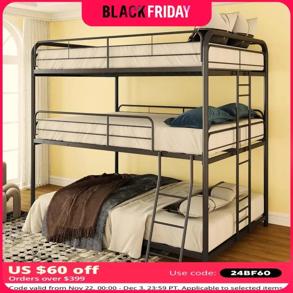 Metal Bunk Beds, for Adults and Kids and Teens, with Safe Guardrail, 3 Bunks Beds Easy To Assemble ,Full Size Triple Bunk Bed