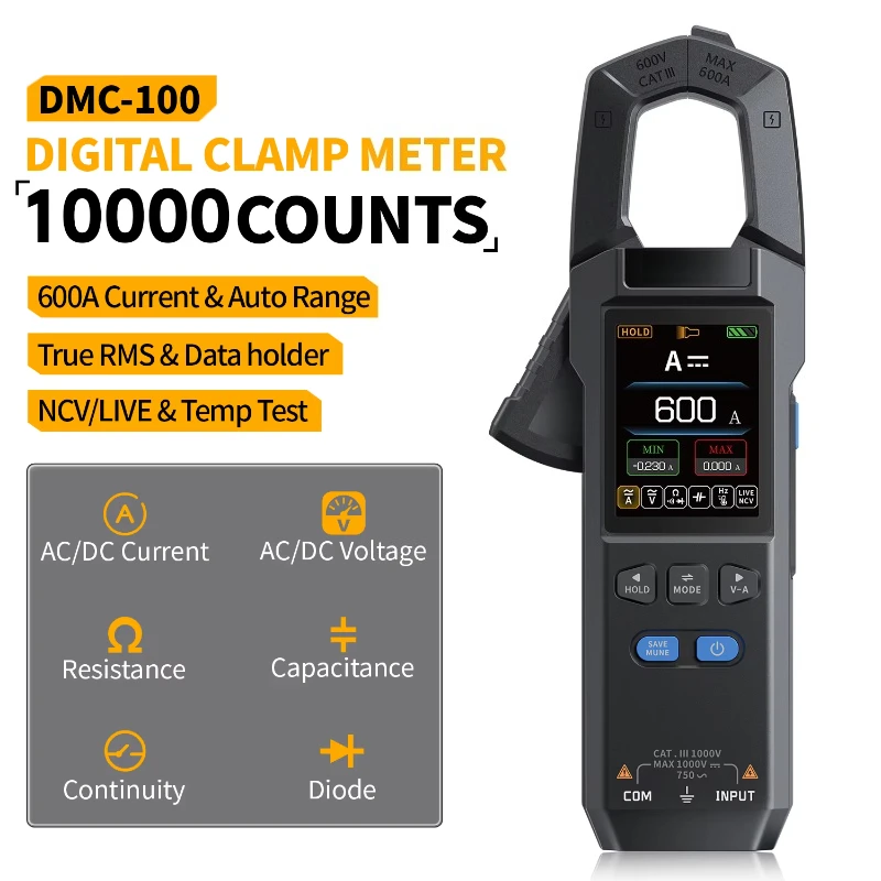 DMC-100 DC AC Current Clamp Meter Counting Digital Multimeter 600A Current Clamp Universal Serial Bus Tester