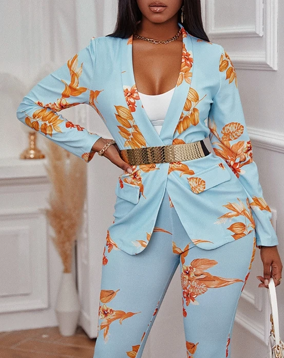 

Women's Commuter Style Two Piece Printed Suit Pants Set 2024 Spring Latest Flip Collar British Style Ice Cream Color Pants Set