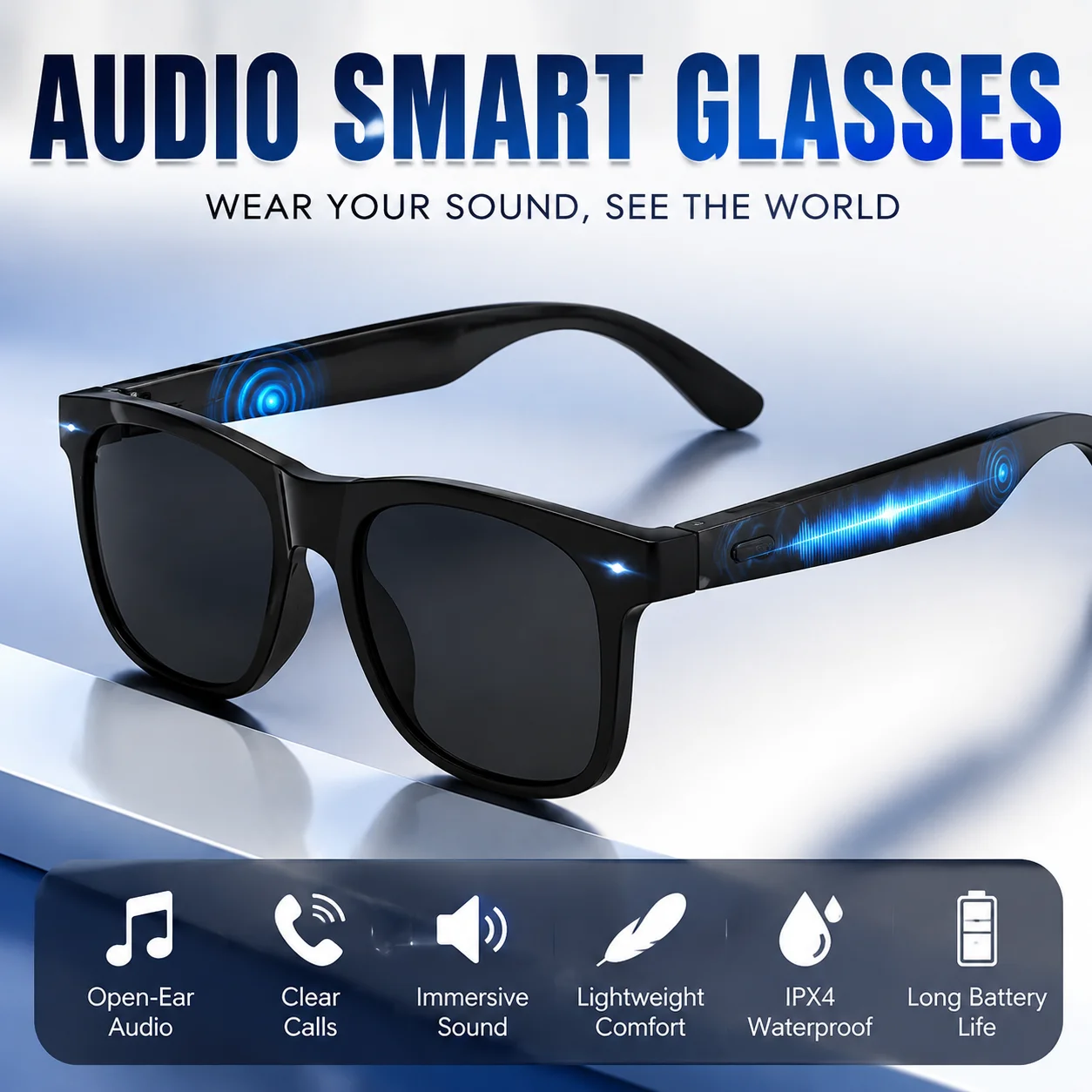 Smart Bluetooth Glasses Open Ear Audio Hands Free Call Wireless Headphones Sunglasses for Outdoor Sport and Daily  AIMB-G1MaX
