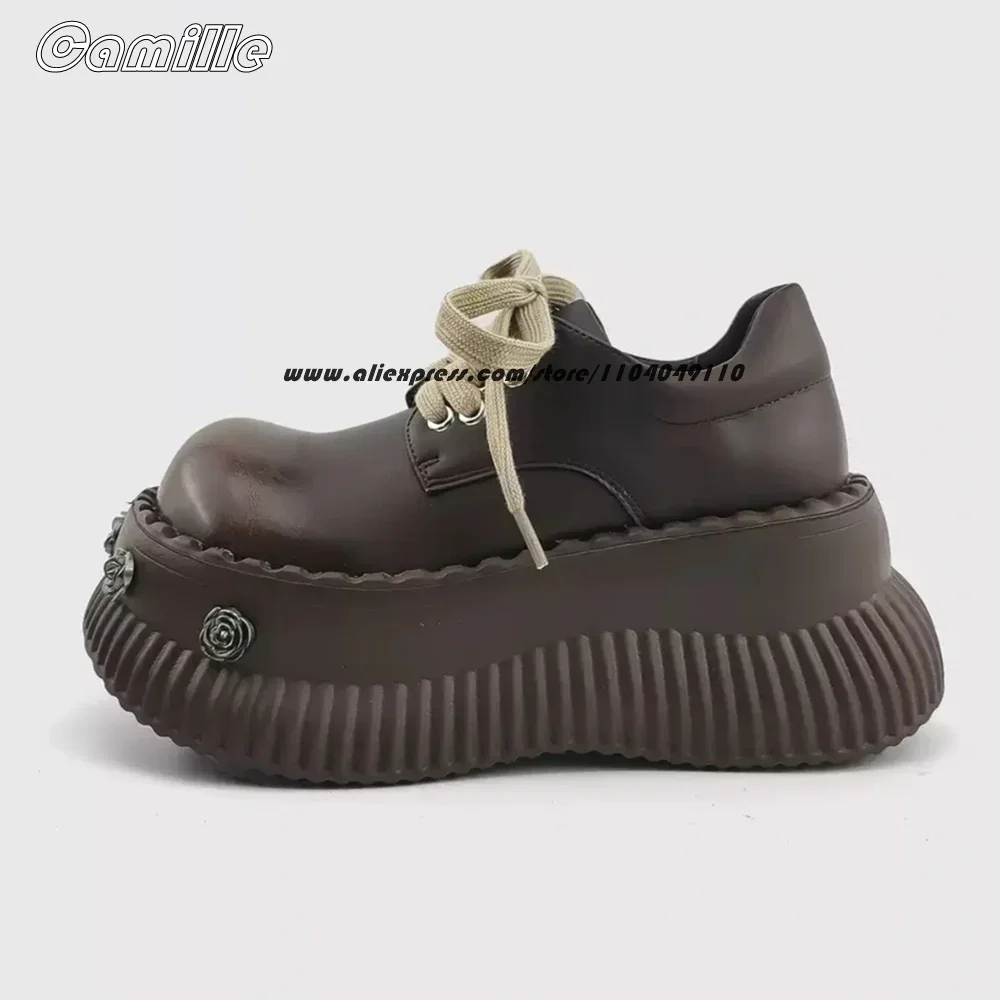 Punk Style Front Lace Up Thick Sole Motorcycle Boots Round Toe Metal Rivet Platform Casual Shoes Cow Split Leather Ankle Boots