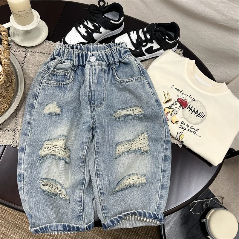 Boys Ripped Spring and Autumn Jeans 2026 New Children's Casual Pants Baby Spring Long Pants
