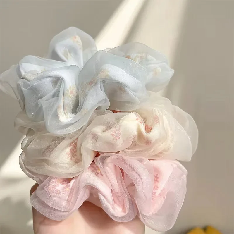 Fotografia 3: Elástico de Cabelo Grande com Laço Duplo de Tela Estilo Francês para Meninas, com Flores e Laço Grande de Tecido para Coque
