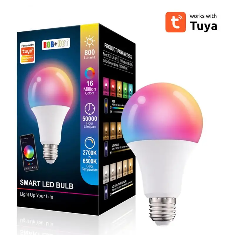 Tuya Smart LED Bulb Light, 10W, Inda B22, RGB Control, CCT Document, Lampe LED avec Alexa Home, Smart Life