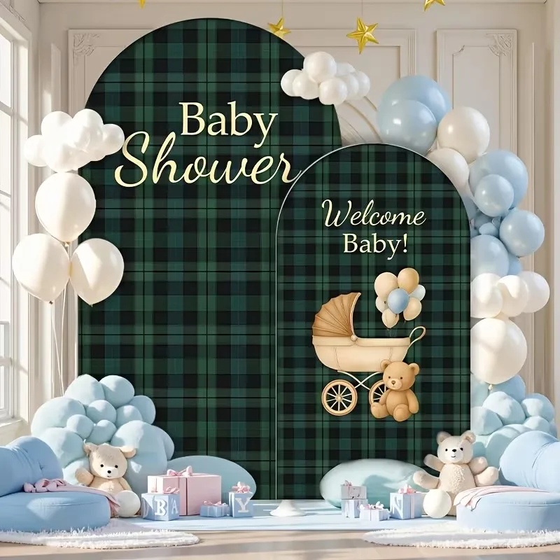

Mehofond Custom 2-Sided Cute Bear Blue Checked Theme Kids Birthday Party Baby Shower Cover Chiara Arch Background Decor Backdrop