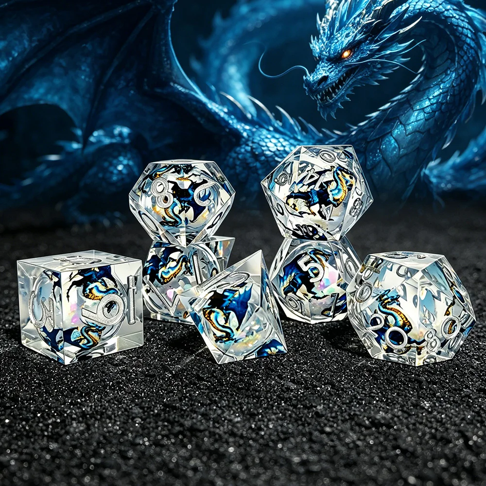 Blue Dragon Liquid Core Resin DND Dice Set 7Pcs Sharp Edge Polyhedral Dice with Tin Box for Dungeons Dragons TRPG Tabletop Games