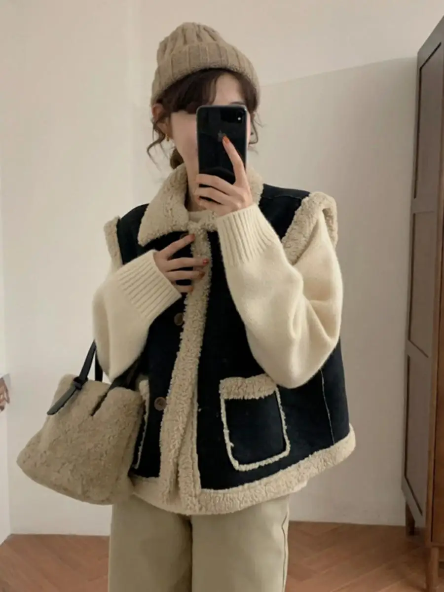 Black Suede Lamb Fur Vest Women's Casual Short Jacket Autumn Wear Thickened  Collar Single Button Closure Pure Color