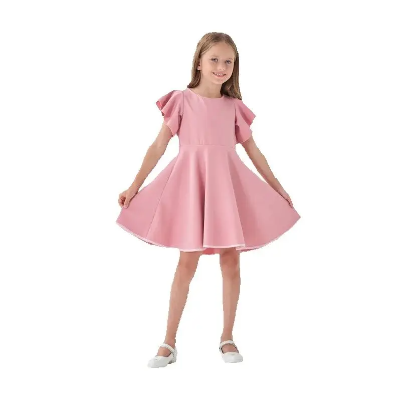 

Summer European and American Style Girls Large Lotus Leaf Sleeves A-line Dress Clean Color Simple College Style Pleated Dress