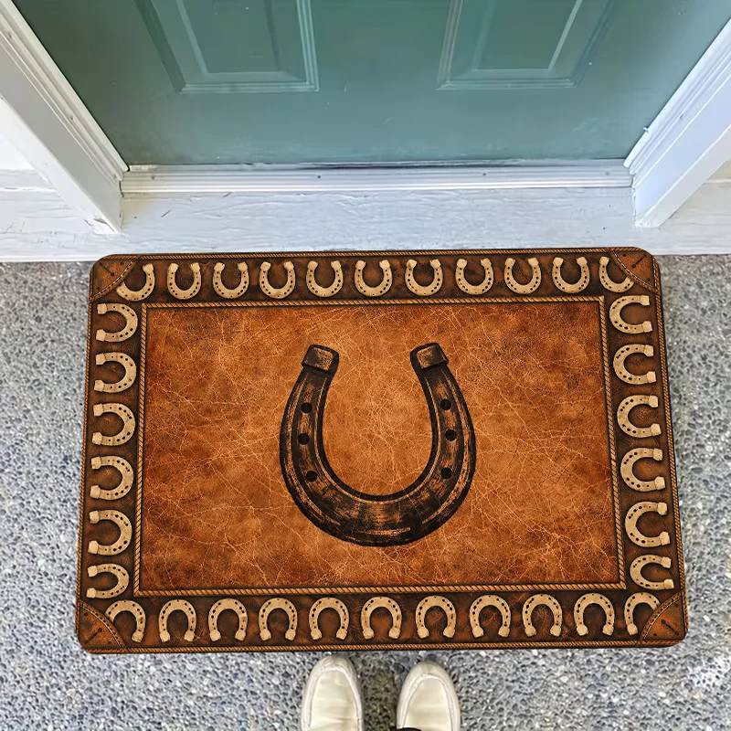 Large Distressed Brown Leather Horseshoe Rug Runner Mat for Entryway Hallway Rustic Western Southwest Farmhouse Floor Decor