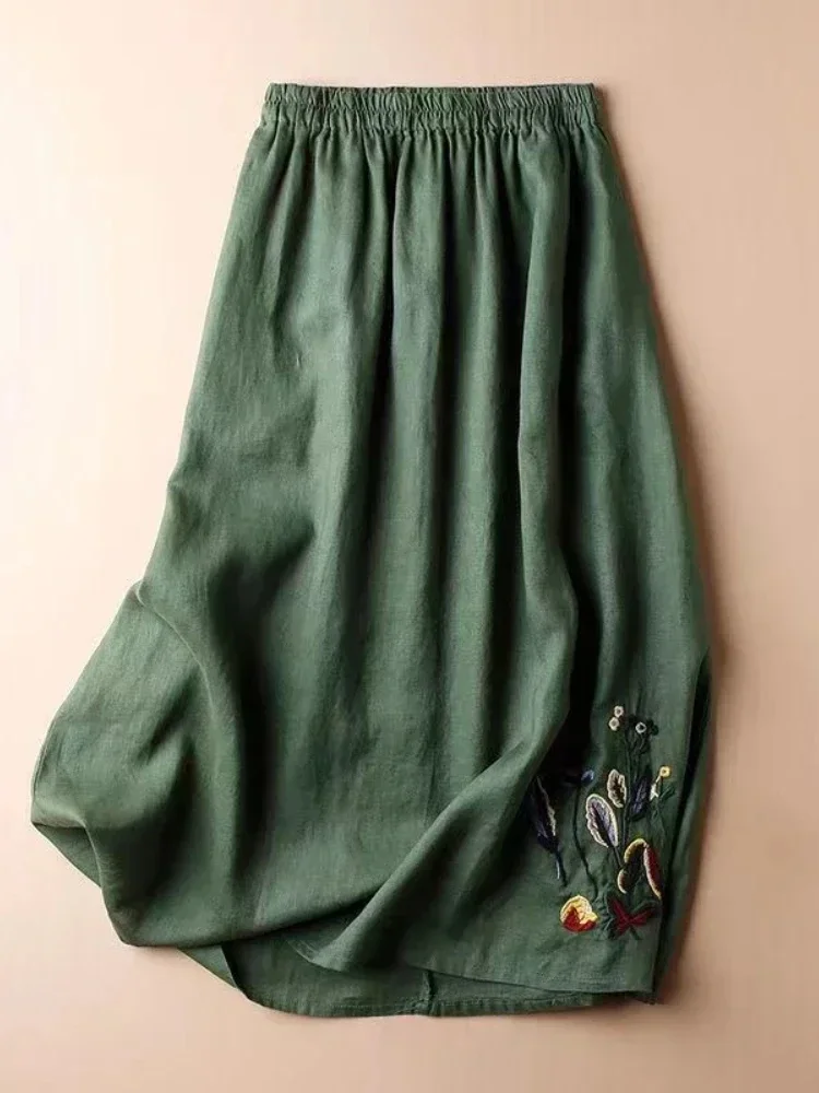 

Elastic Waist Retro Women's Long Skirts New Summer Casual Loose Embroidery Green Skirt Solid Cotton and Linen Women's Skirt 2025