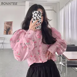 Shirts Women Sweet Floral Ladies Pink Spring New Arrival Lantern Sleeve Navel Crop Top Fashion Aesthetic Loose BF Chemise Femme