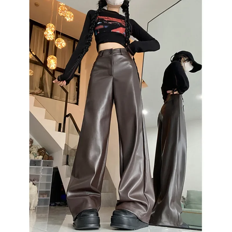 الأمريكية الرجعية بو الجلود عارضة للنساء ربيع الخريف السراويل عالية الخصر الجلود فضفاضة واسعة الساق السراويل الطابق التطهير السراويل #3