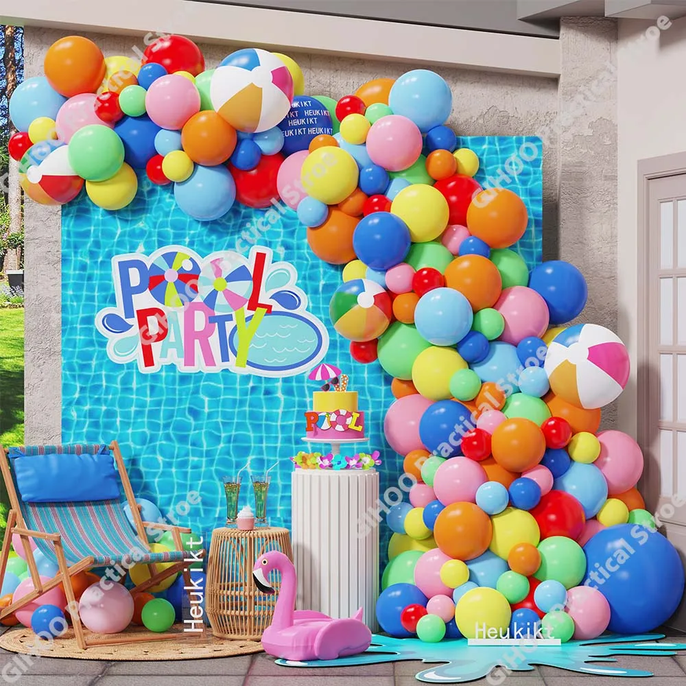 132pcs Summer Pool Theme Balloon Garland Kit Beach Balls Hawaii Beach Party Splish Splash Birthday Party Baby Shower Decoration