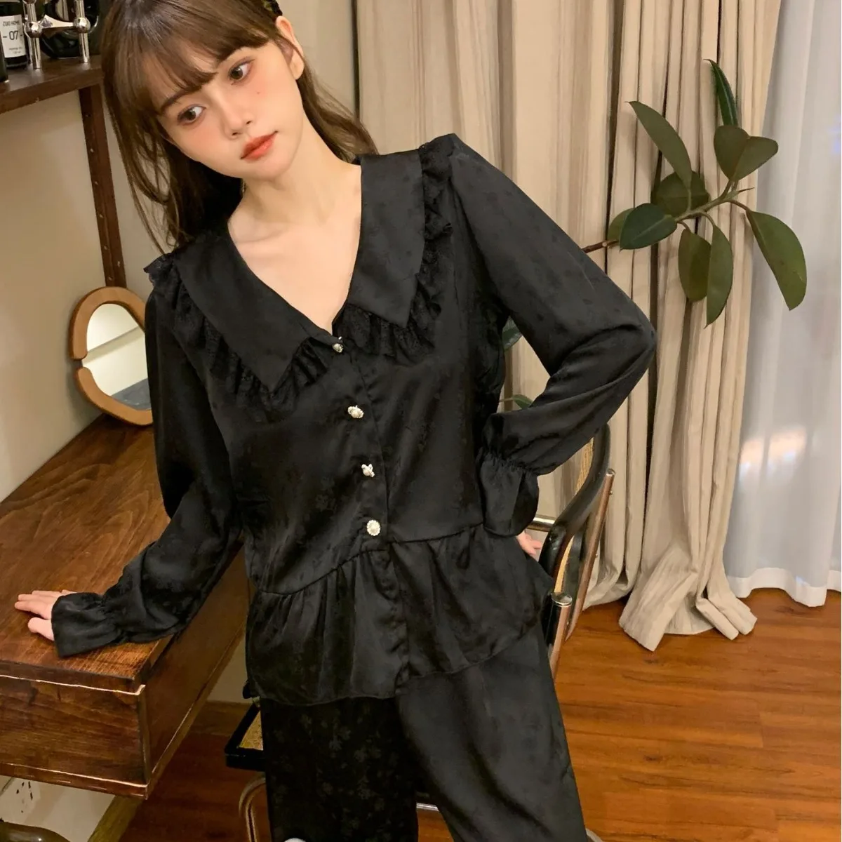 Black 2Pcs Pijamas Set Sleepwear Pajamas Suit Women Rayon Home Clothes Ruffles Doll Collar Long Sleeve Shirt Pants Nightwear