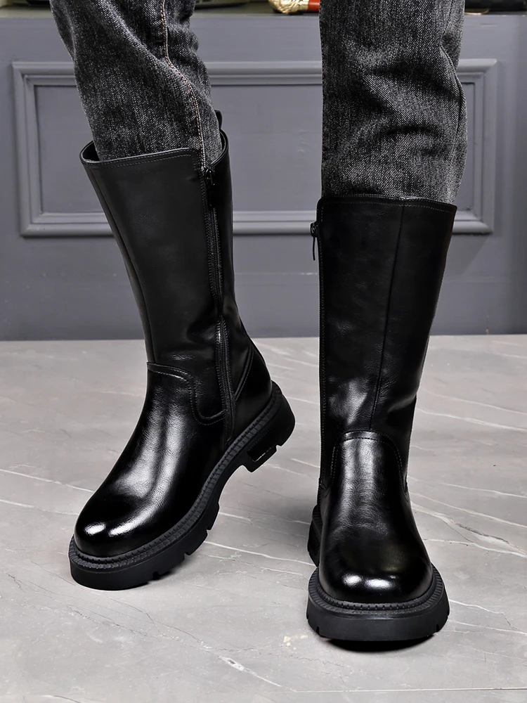 

Men's Long Tube Boots High Top Thi Bot Heightening Work Boots Genuine Leather Winter Fce Motorcycle Boots