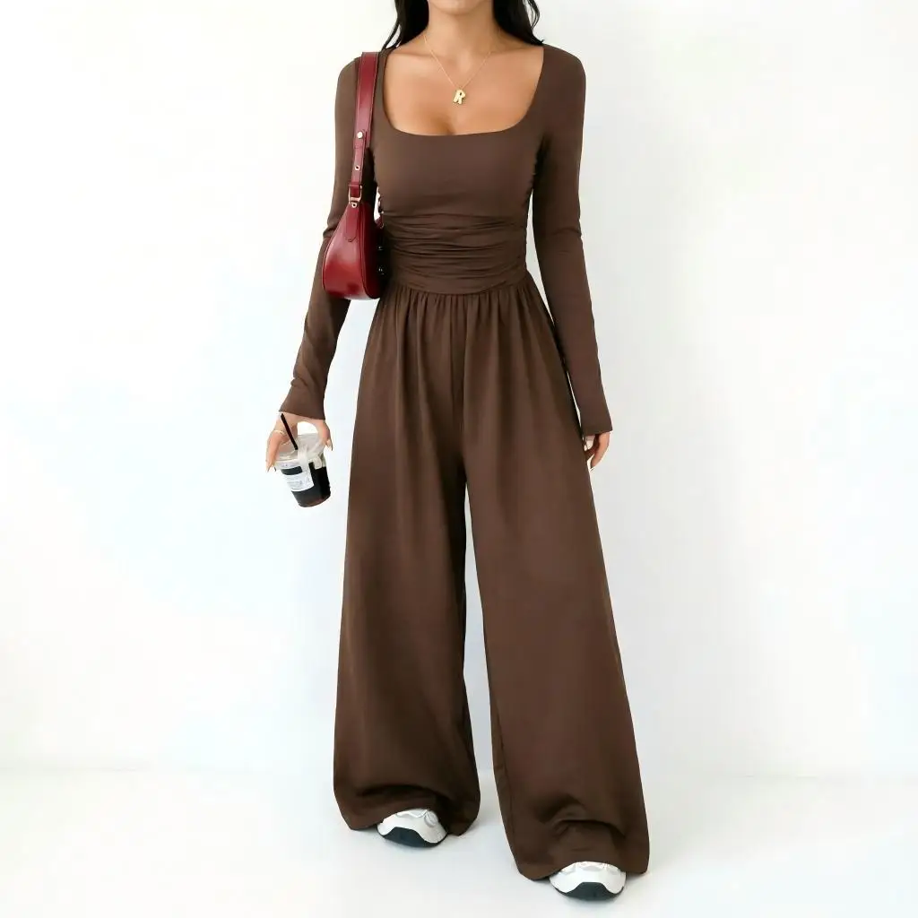 Square Collar Long Sleeved Jumpsuit Women's Waist Cinched Wide Leg Pants Casual High Waisted Slimming Clothes