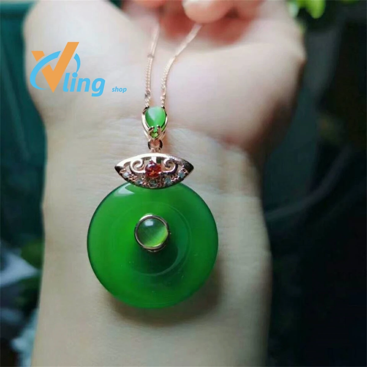 Manufacturer Wholesale S925 Silver Inlaid High Ice Chalcedony Safety Clasp Pendant Rose Gold  Green PowderWomen Fashion Gift